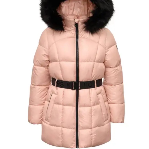 Michael Kors Kids' Active Belted Stadium Jacket with Faux Fur Trim (Big Kid) 16 - Picture 1 of 10